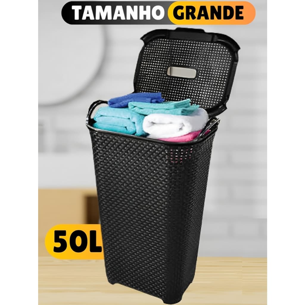 Cesto de Roupa Rattan Grande C/ Tampa Basculada Preto / Branco 50 Litros Arqplast