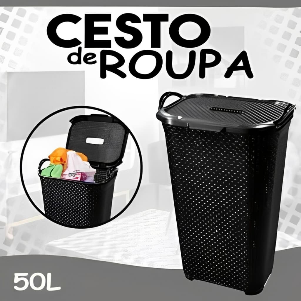 Cesto de Roupa Rattan Grande C/ Tampa Basculada Preto / Branco 50 Litros Arqplast