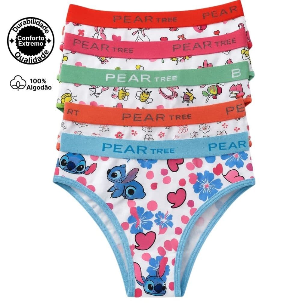 Kit 5 Calcinhas Infantil de Algodão Juvenil Menina Moça Conforto Cós Alto