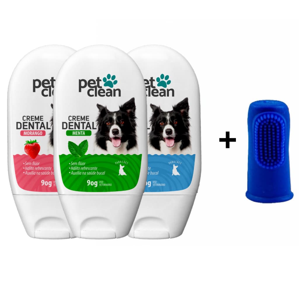 Kit Creme Dental + Escova Dedeira para Cães Gato Pet Clean