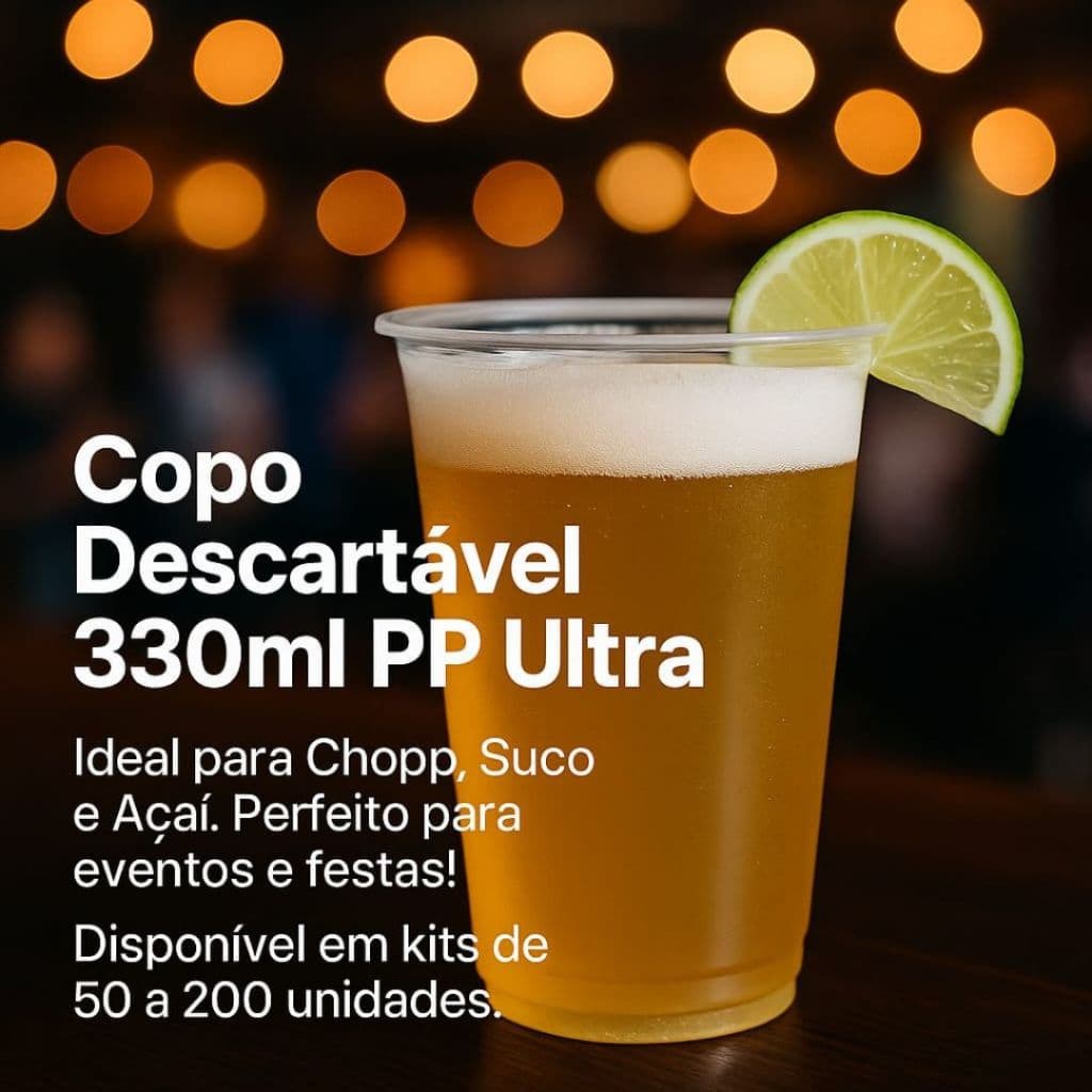 Copo Descartável 330ml PP Ultra - Transparente Liso Ideal para Chopp Chope Açaí Sorvete Suco 200 un