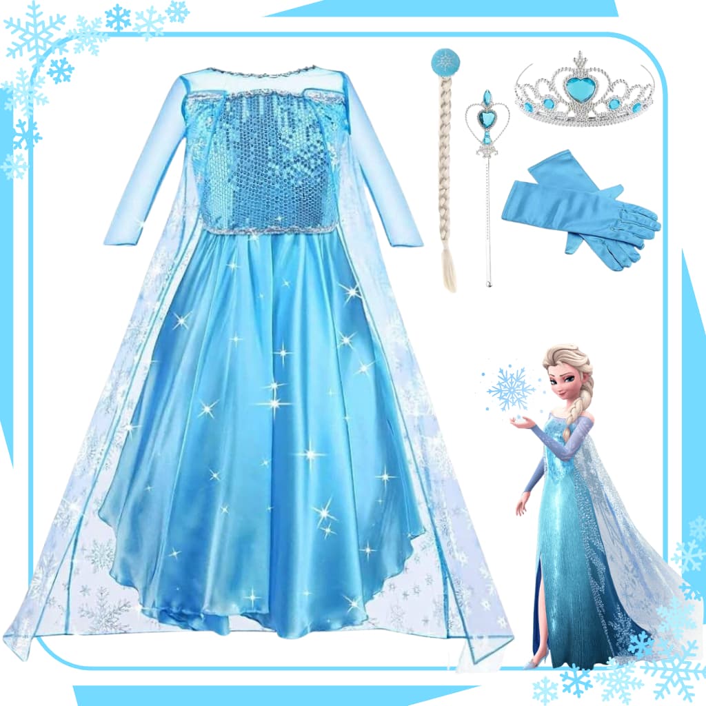 Fantasia Vestido Infantil Elsa Frozen Com Capa E Acessórios Festa Hallowen Crianças