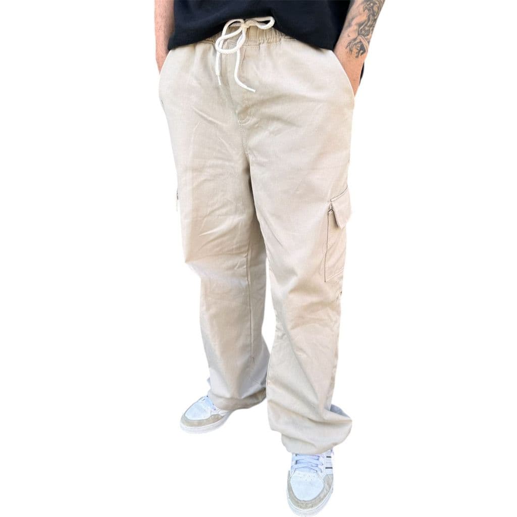 Calça Cargo De Sarja Larga Unissex Bolsos Laterais E Elastico Ajustavel