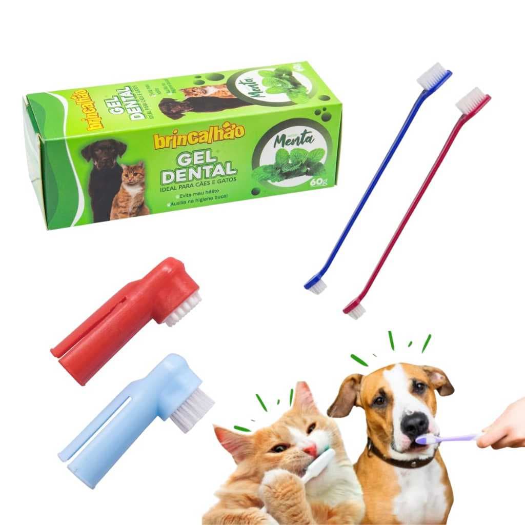 Kit Creme Dental + Escova de Dente Pet Cachorros Gatos Higiene Bocal