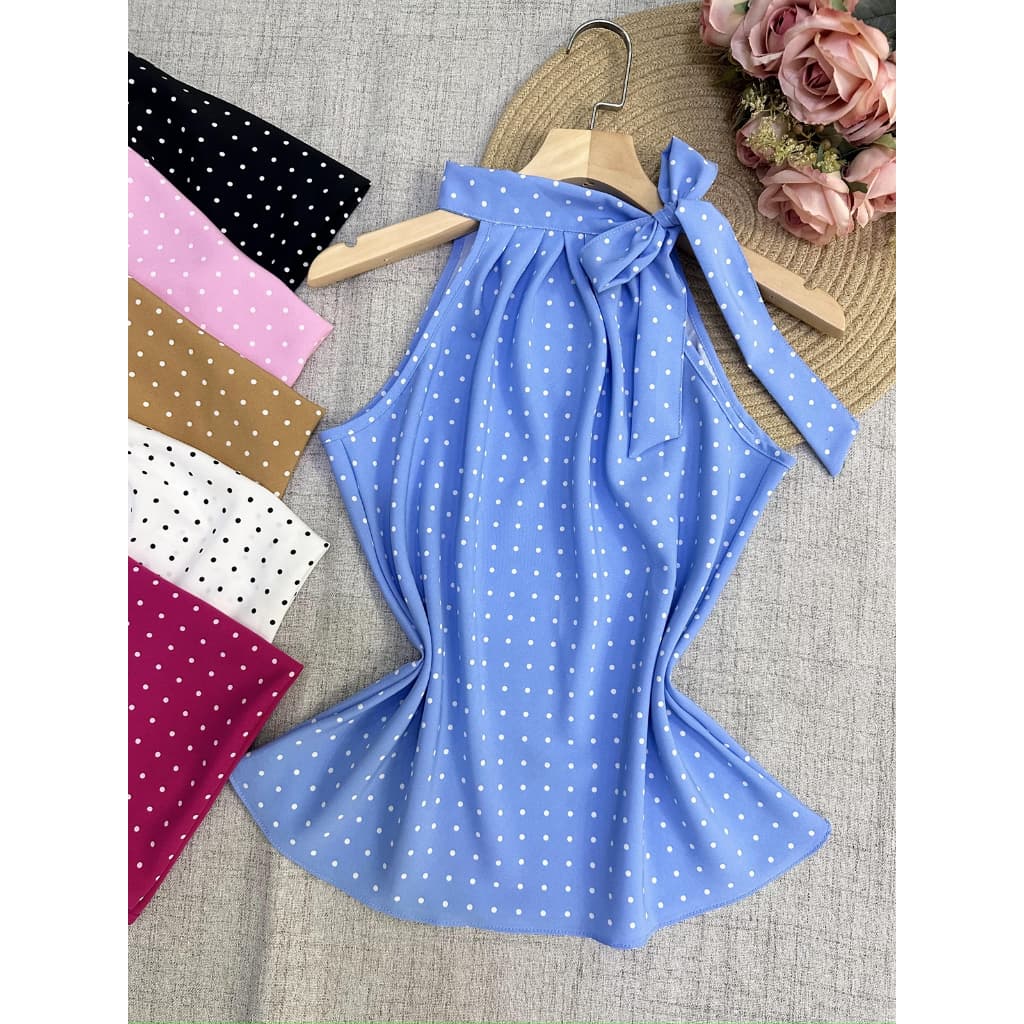 regata blusa de bolinha amarrar moda feminina 0225-1