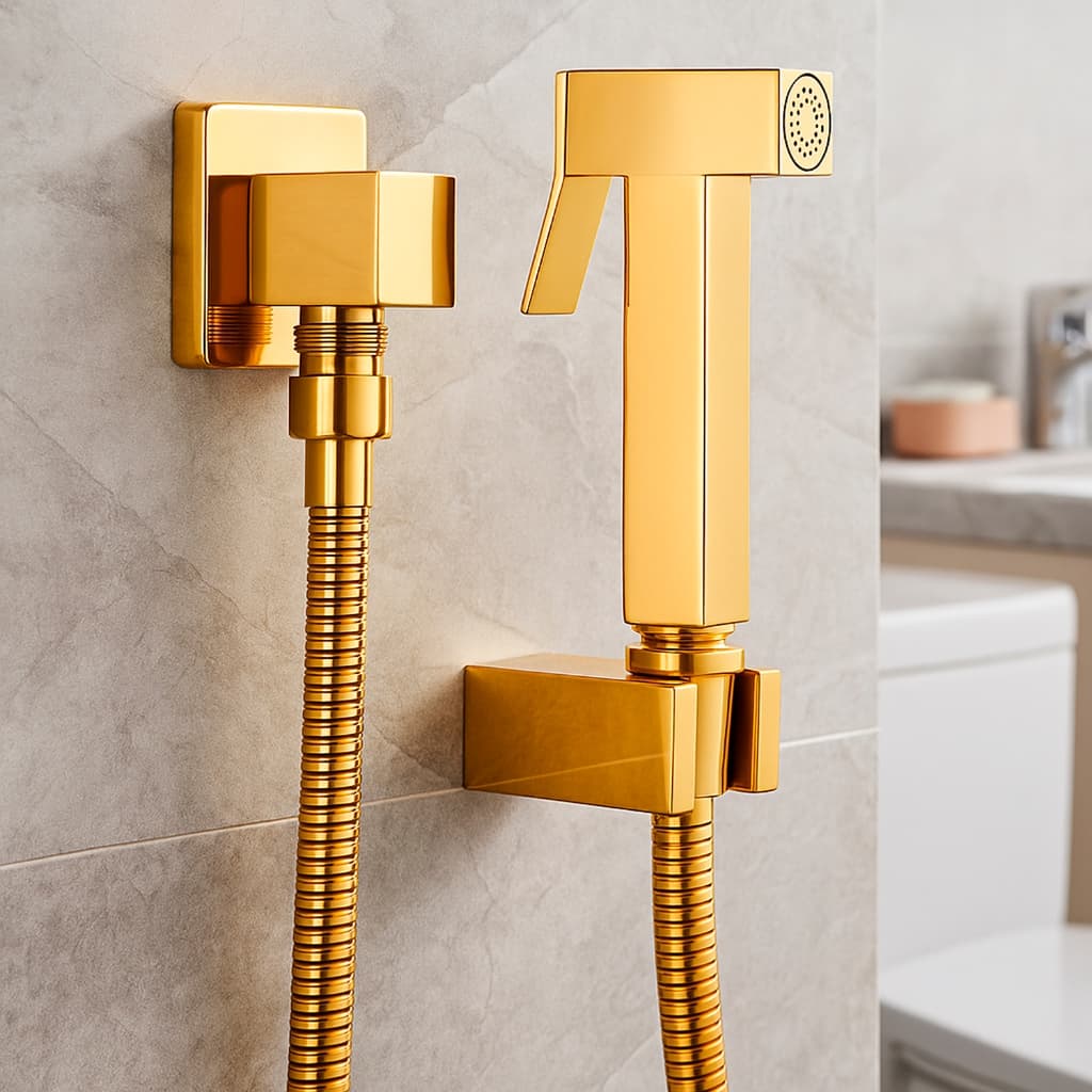 Ducha Higiênica Completa Quadrada Metal Dourada Banheiro