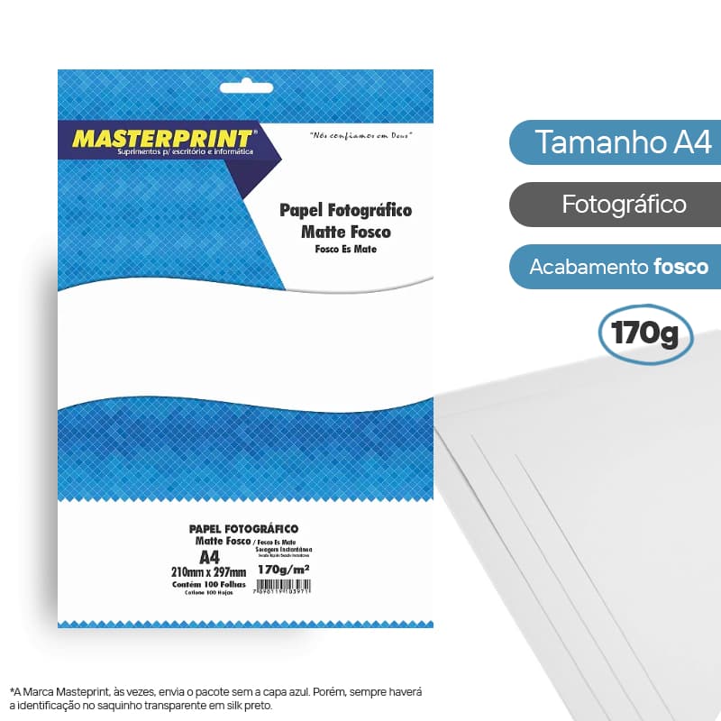 Papel Matte 170g Fotográfico Masterprint A4  - Pt C/ 100 Fls