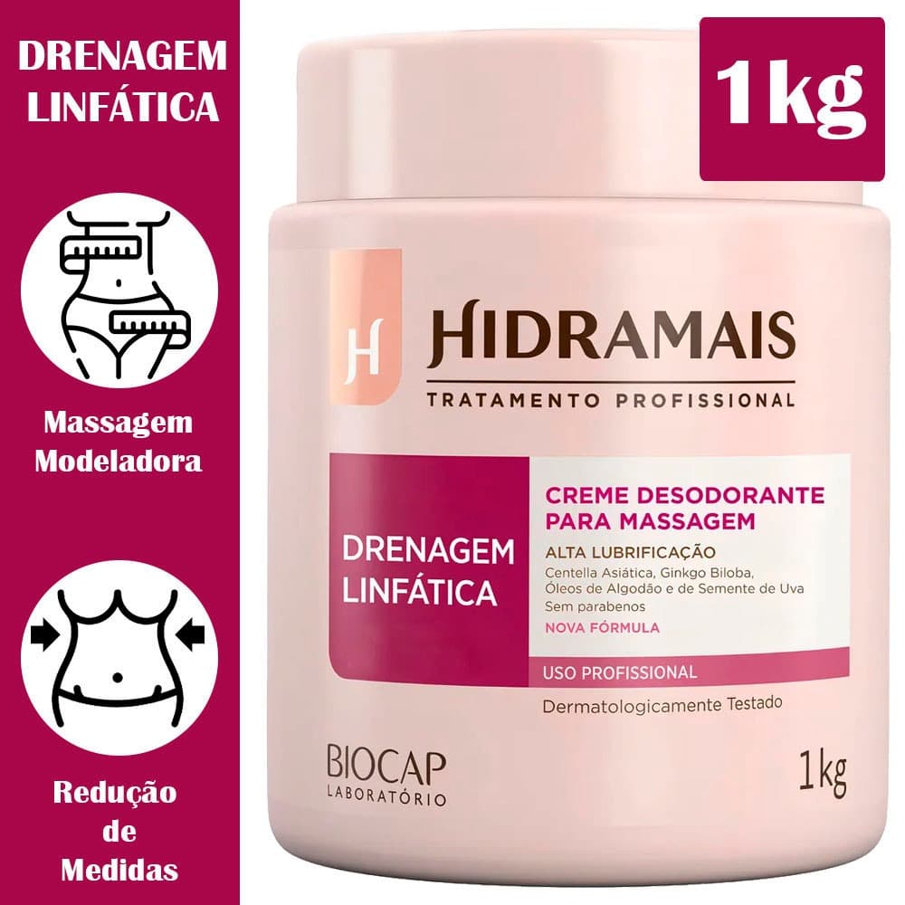 Creme Hidramais para Massagem Drenagem Linfática 1kg hidratante reduz celulite redução de medidas varizes loção corpo