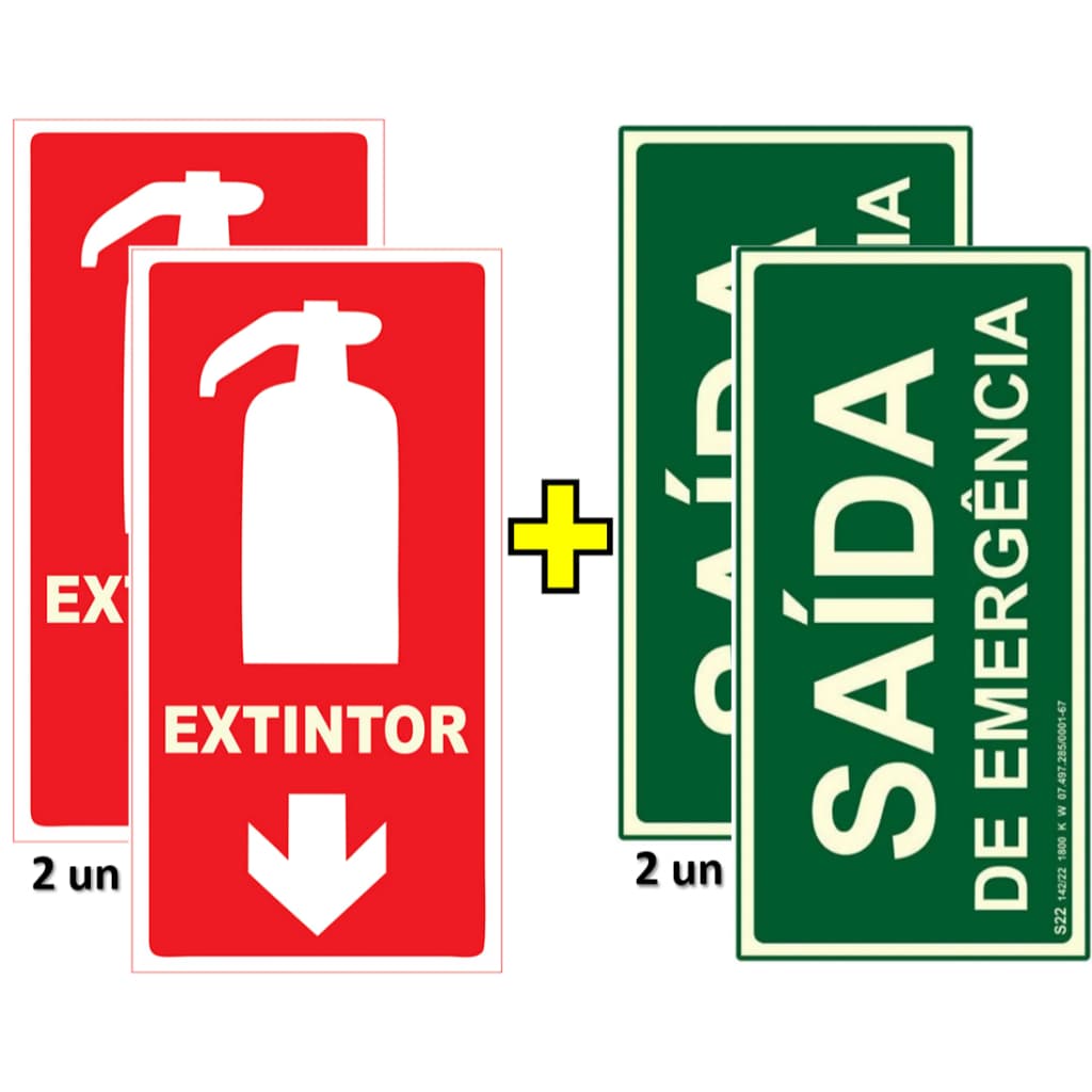 Kit 2 placas SAIDA DE EMERGENCIA + 2 placas EXTINTOR 10x20  Fotoluminescente PVC