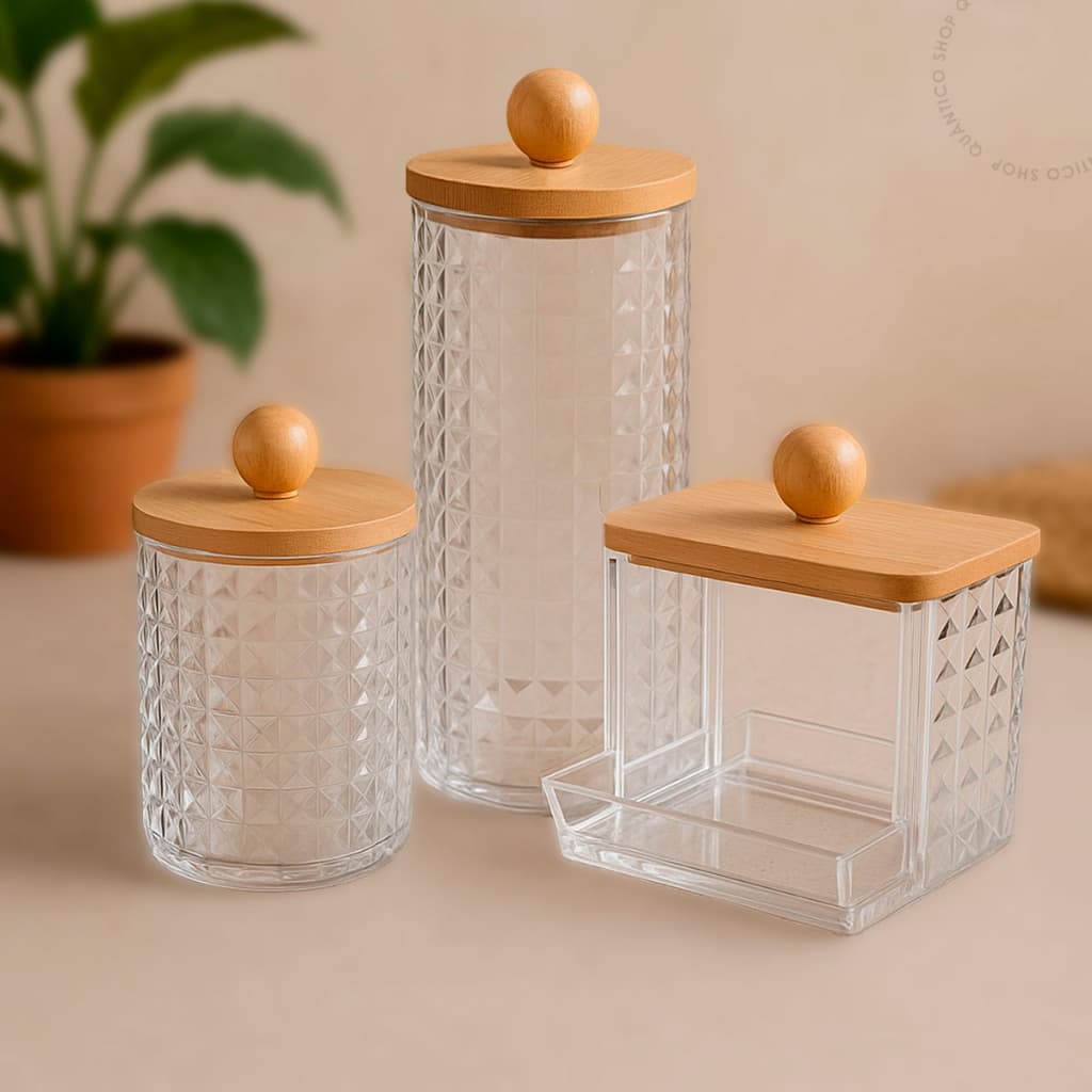 Organizador Tampa Bambu Porta Algodão ou Porta Cotonete Acrílico