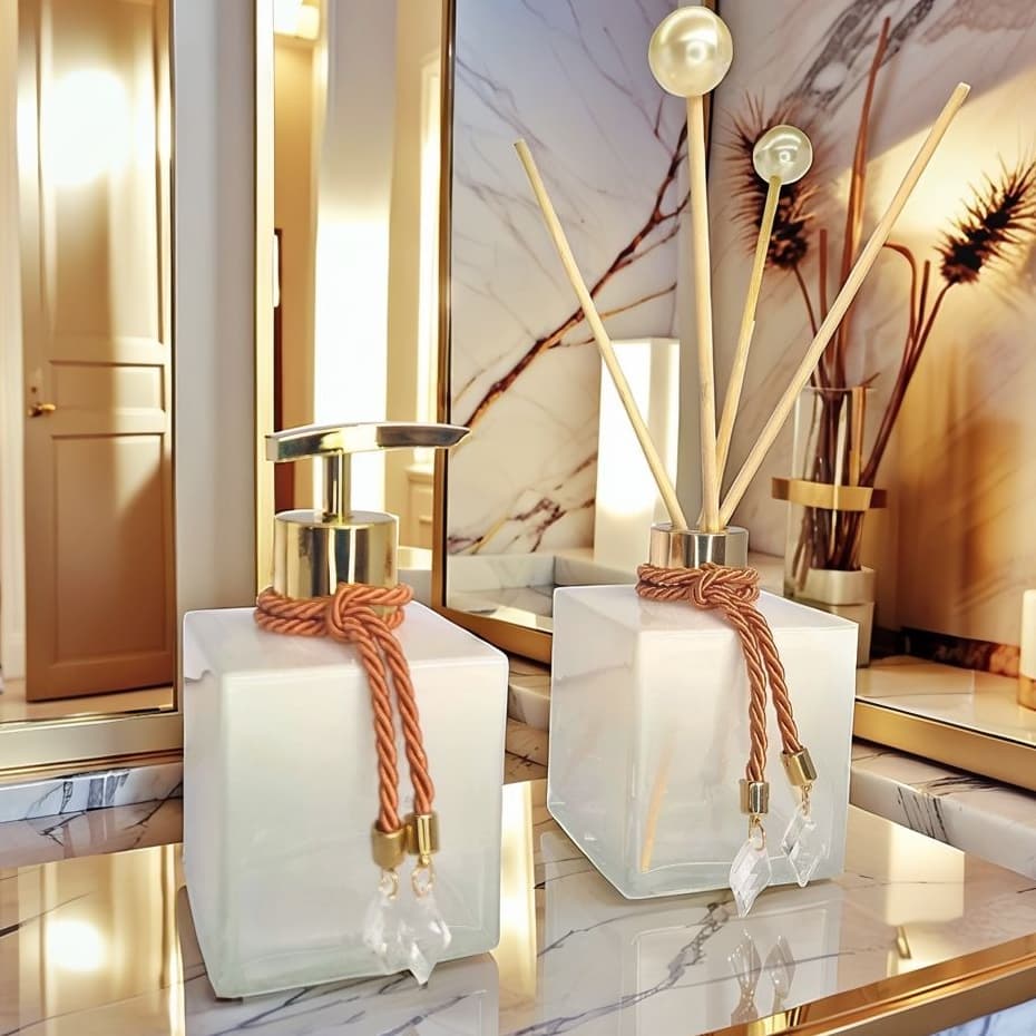 Kit Lavabo Luxo Vidro Branco Saboneteira Difusor Aroma Decoração Branco Bandeja Banheiro