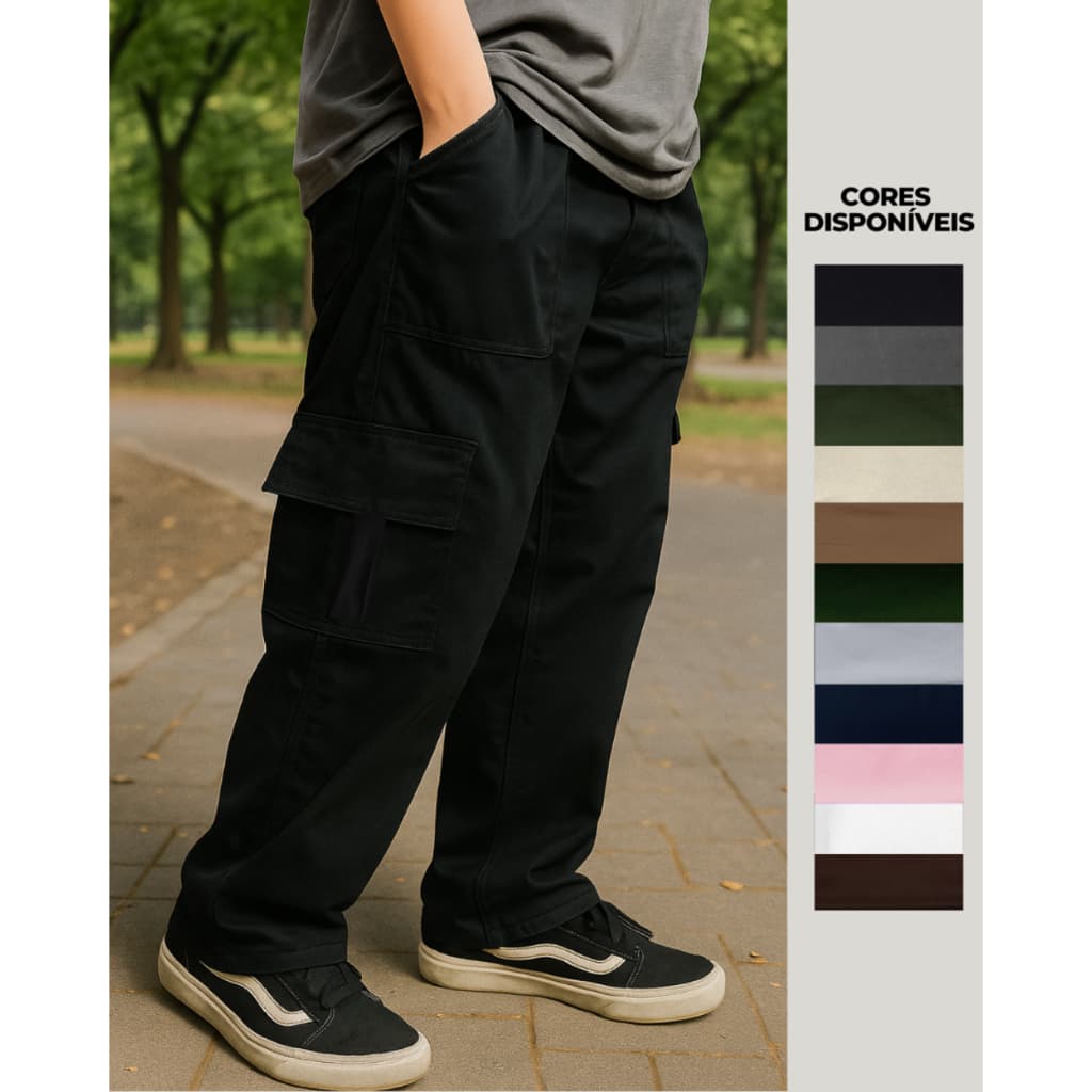 Calça Cargo em Sarja Unissex com Elástico na cintura