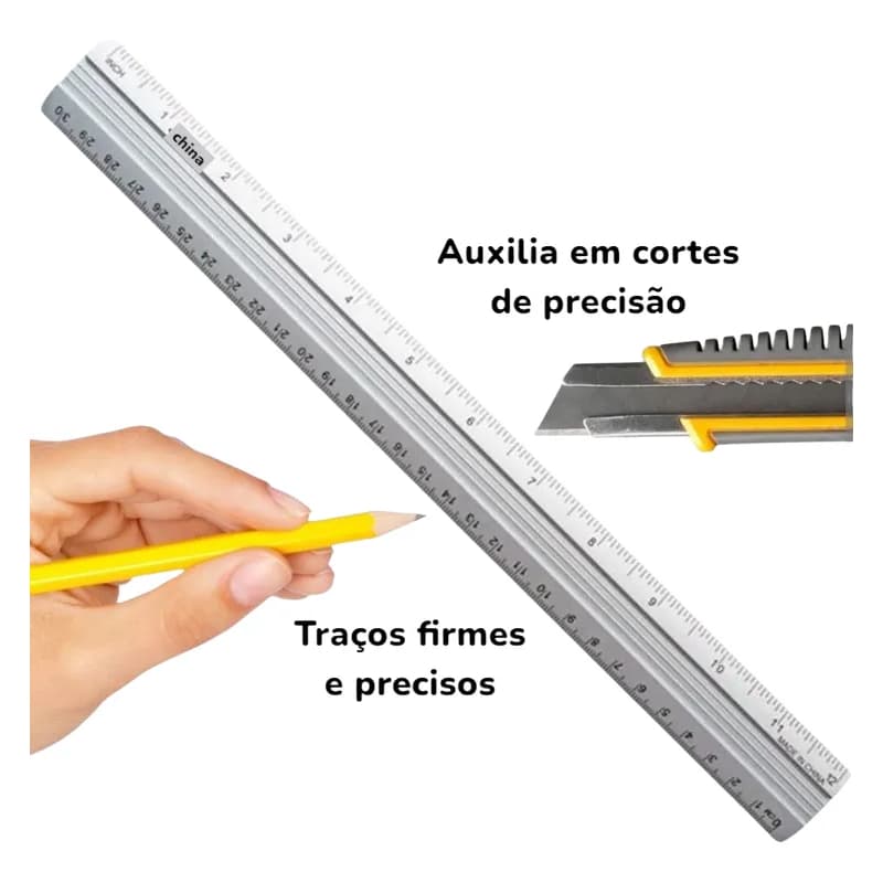 Régua de Alumínio prata 30 cm, Resistente e Firme, Papelaria, Escolar, Escritório, Aulas Desenhos