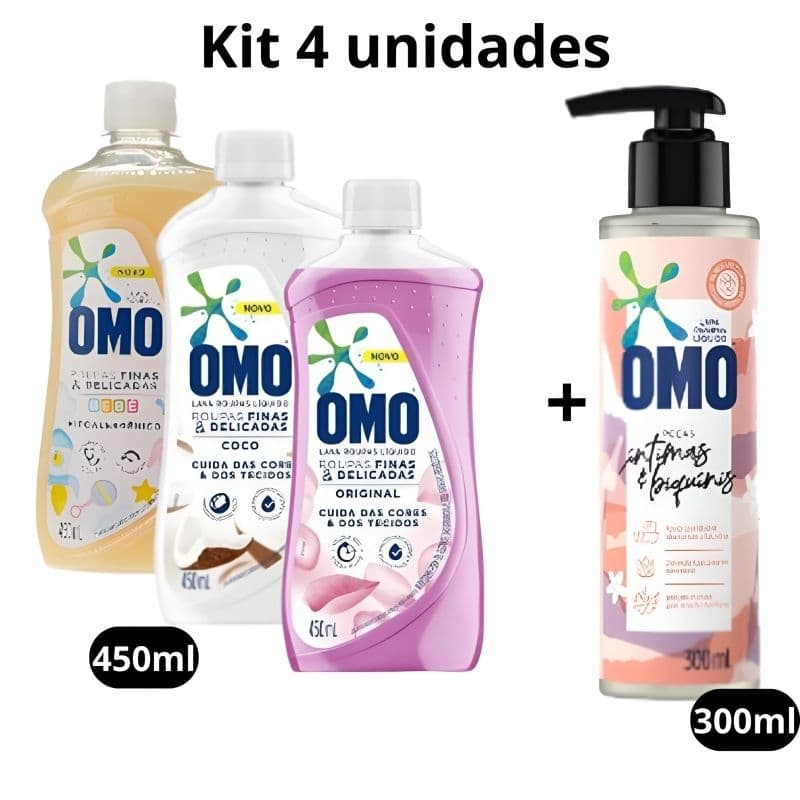 kit 1 Lava Roupas Omo Peças Íntimas 300ml + 3 Lava Roupas Omo Roupas Delicadas Original, Coco, Bebê 450ml