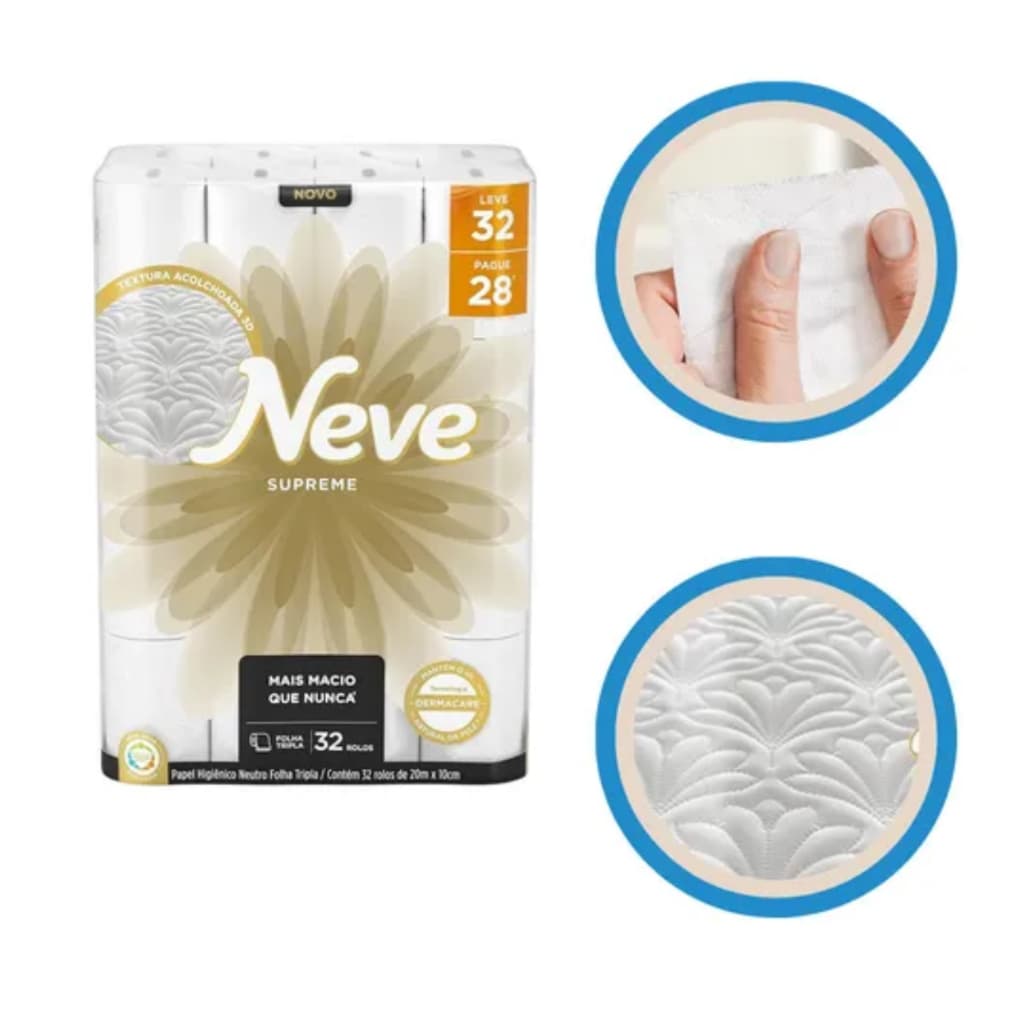 Papel Higiênico Neve Supreme super Macio Folha Tripla 32 Rolos