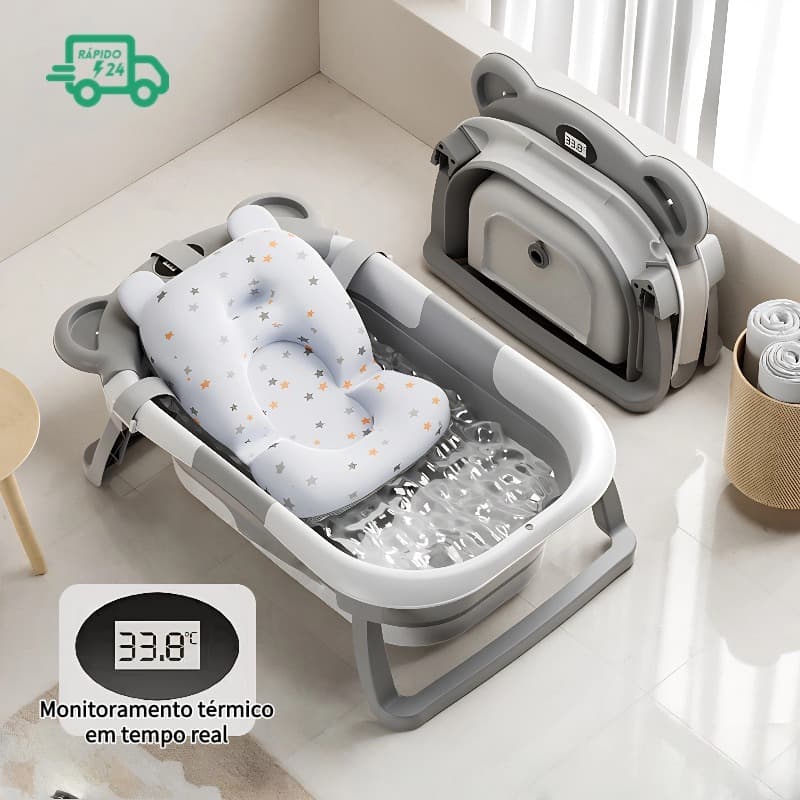 Banheira dobrável com visor de temperatura + almofada macia Banheira para bebê Design antiderrapante reforçado