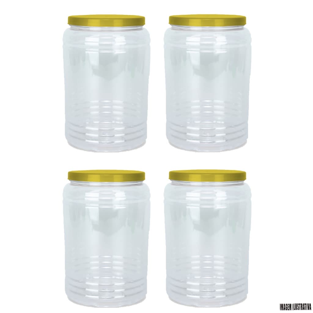 Kit com 4 Potes de plástico brilhante multiuso ideal para baleiro, porta doce, porta whey, utensílios e alimentos