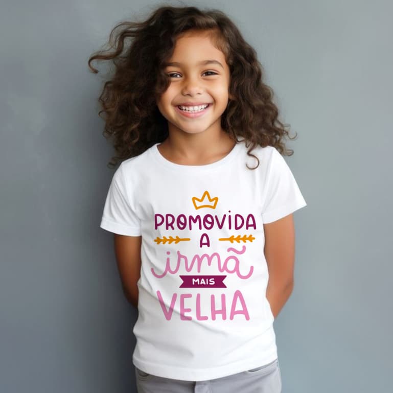 camiseta unissex blusa infantil PROMOVIDA A IRMÃ MAIS VELHA,moda infantil,camiseta,menina