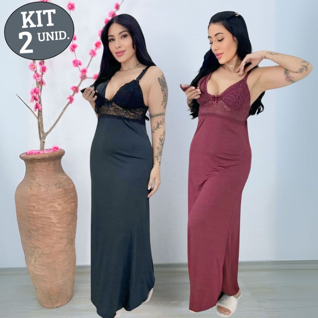 KIT 02 Camisolas Amamentação LONGA Luxo com Detalhe em Renda em Microfibra e Abertura em Click.