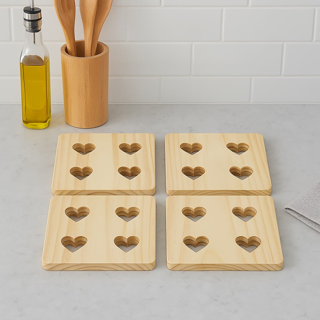 Kit 4 Descanso de Panela Coração Decoração Mesa Madeira Pinus Cozinha