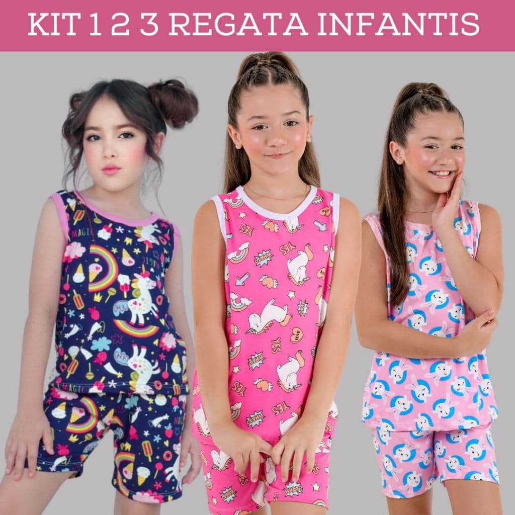 Kit C/1 2 3 Pijama Infantil Menina Regata - Veste de 1 a 13 anos