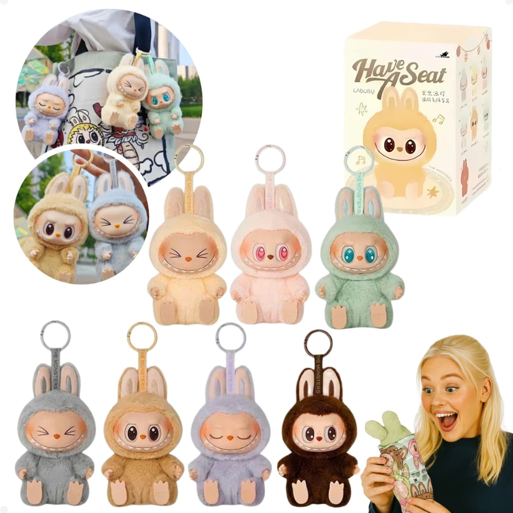 Chaveiro Labubu Boneco de Pelúcia Sentado com Caixa