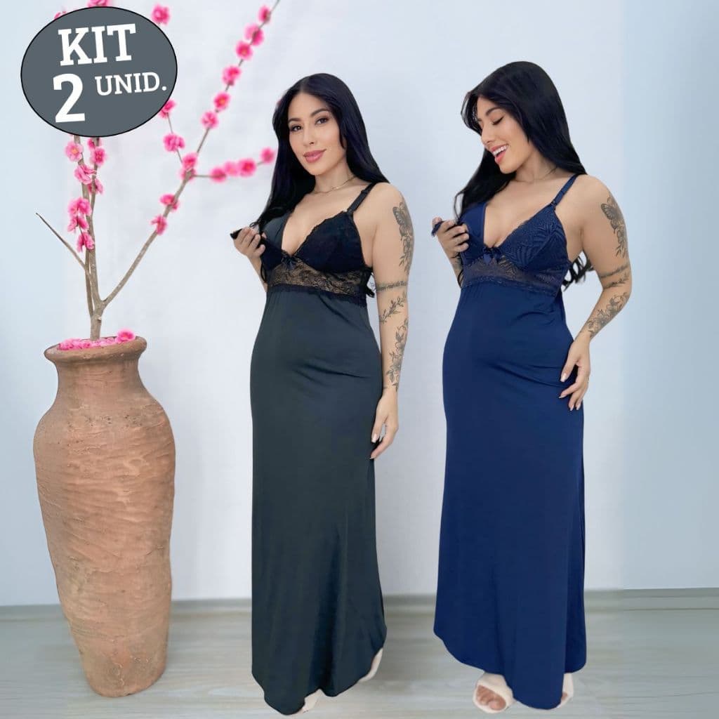 KIT 02 Camisolas Amamentação LONGA Luxo com Detalhe em Renda em Microfibra e Abertura em Click.