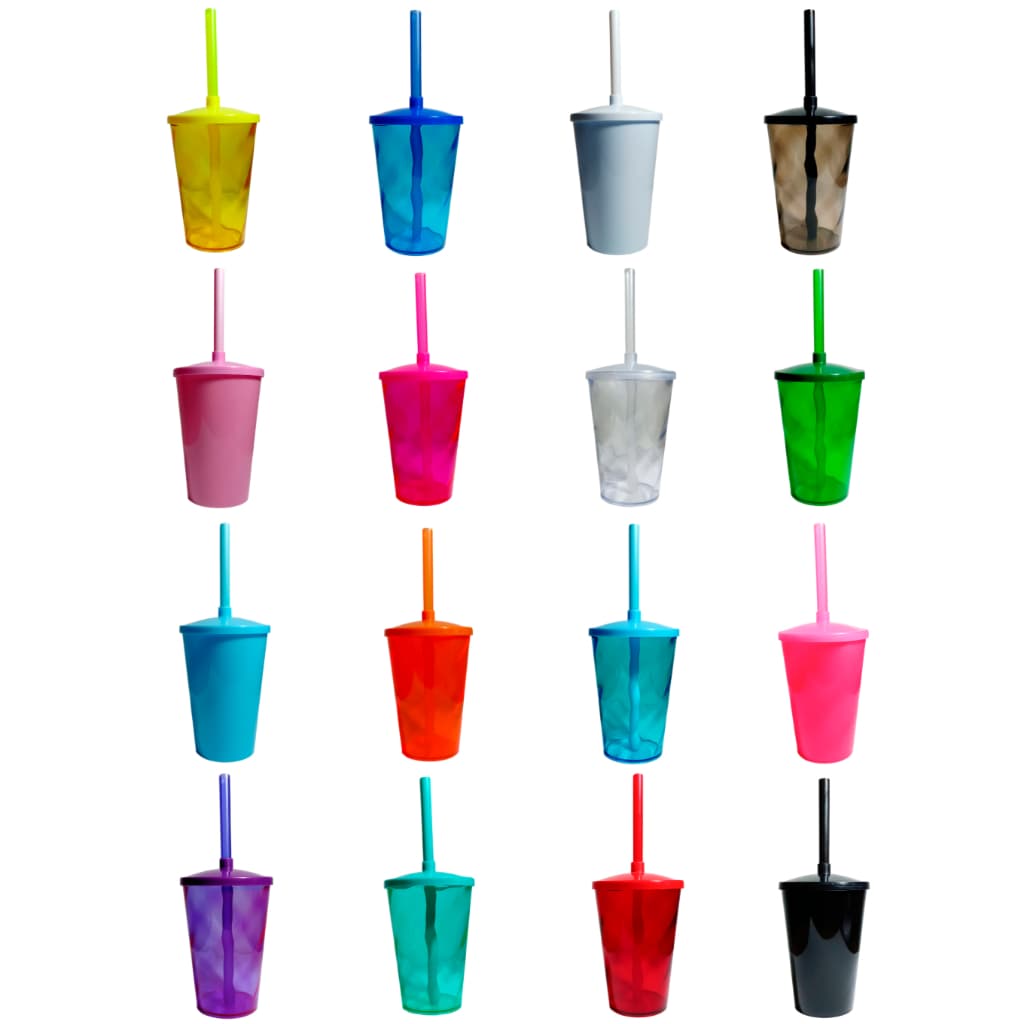 KIT 10 COPOS TWISTER CRISTAL 300ML COM TAMPA E CANUDO COLORIDOS PARA ADESIVAR E PERSONALIZAR