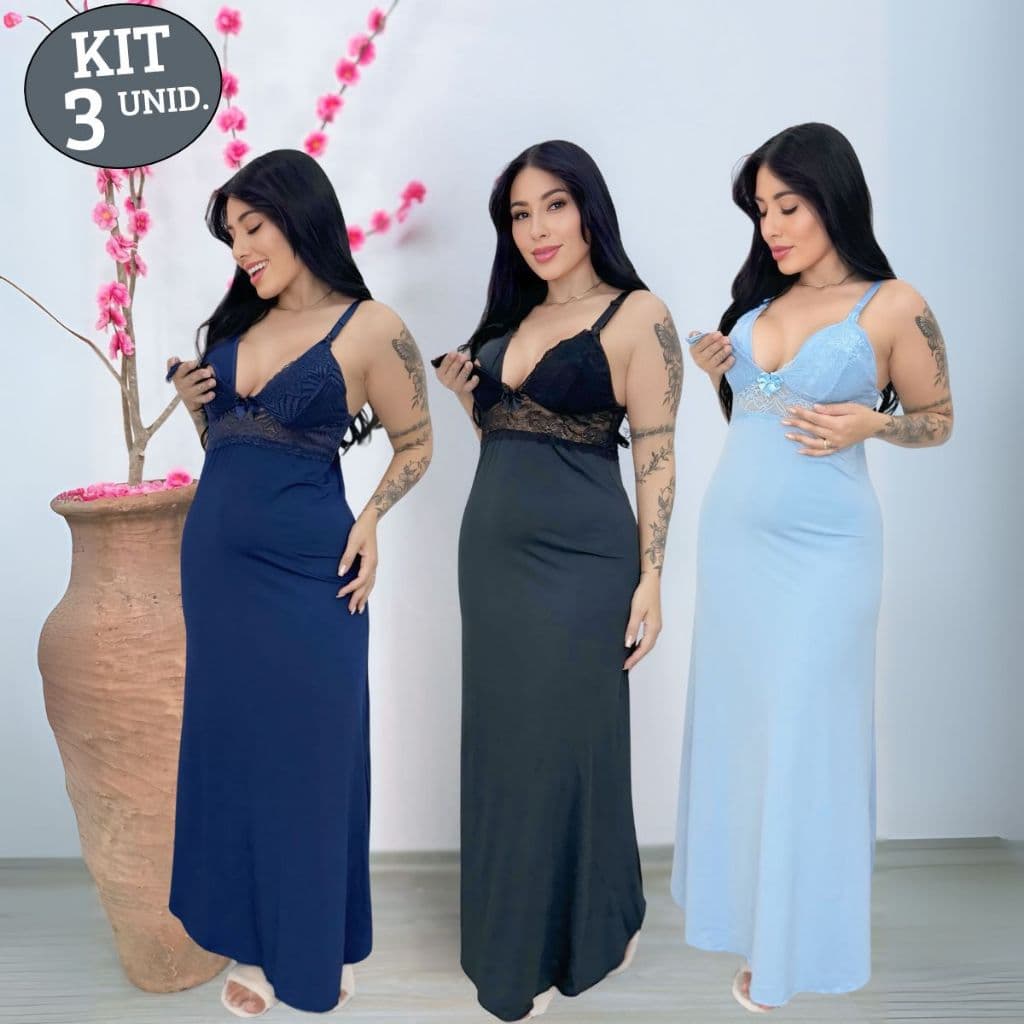 KIT 03 Camisolas Amamentação LONGA Luxo com Detalhe em Renda em Microfibra e Abertura em Click.