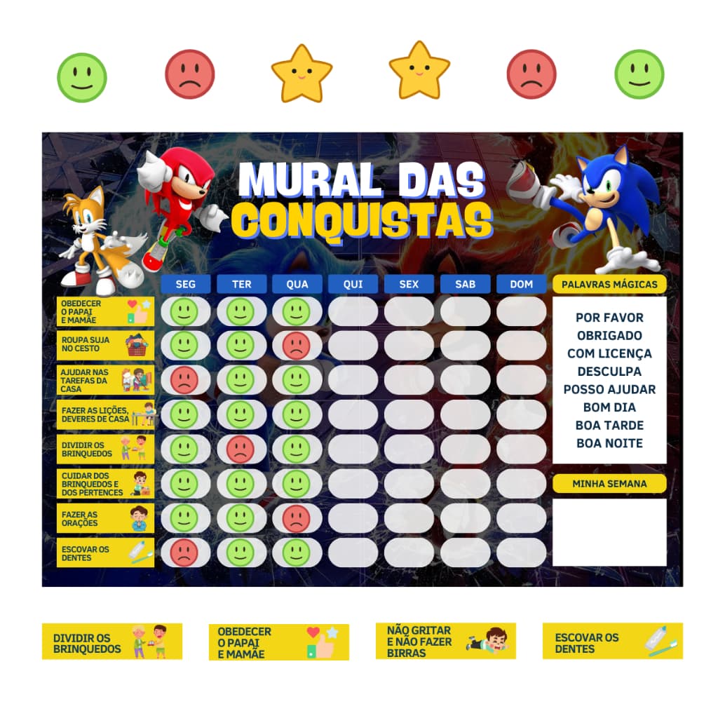 Quadro de Incentivo e Rotina Infantil Mural das Conquistas – Sonic 30x22 cm