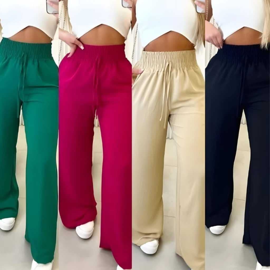 Calça Pantalona Feminina Com Bolso Cintura Alta