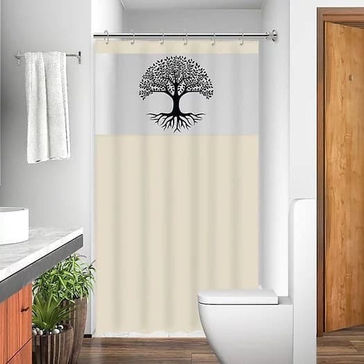 Cortina Box Banheiro Bege c/ Visor | Estampada, Impermeável e Antimofo | PVC + Ganchos