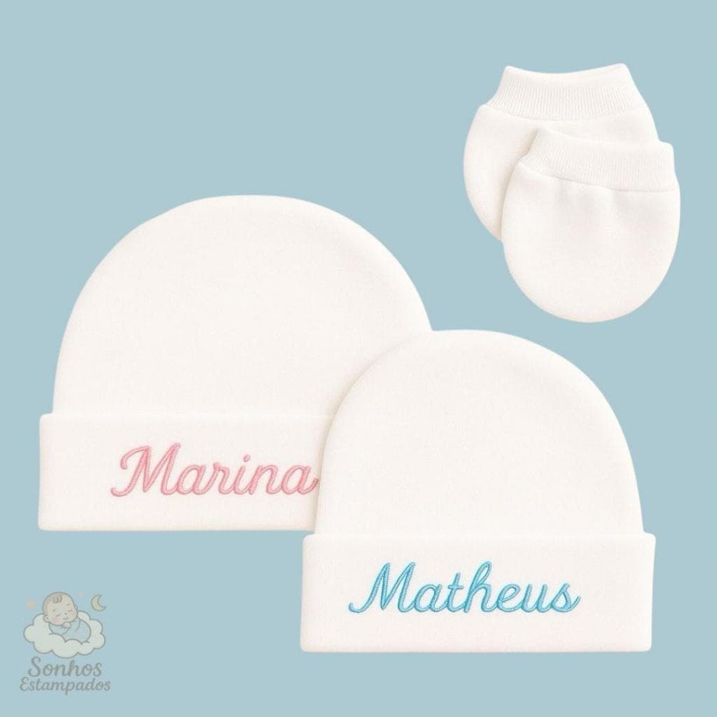 Touca Gorro Bordada e Luva para Bebê Kit Recém Nascido Personalizado 100% Algodão
