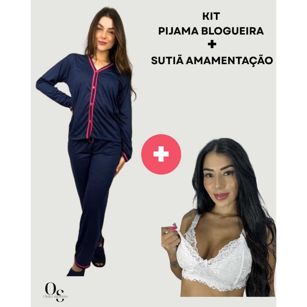 Kit Maternidade Pijama Longo Pós Parto Americano Blogueira com Botão + Sutiã Amamentação Renda Gestante