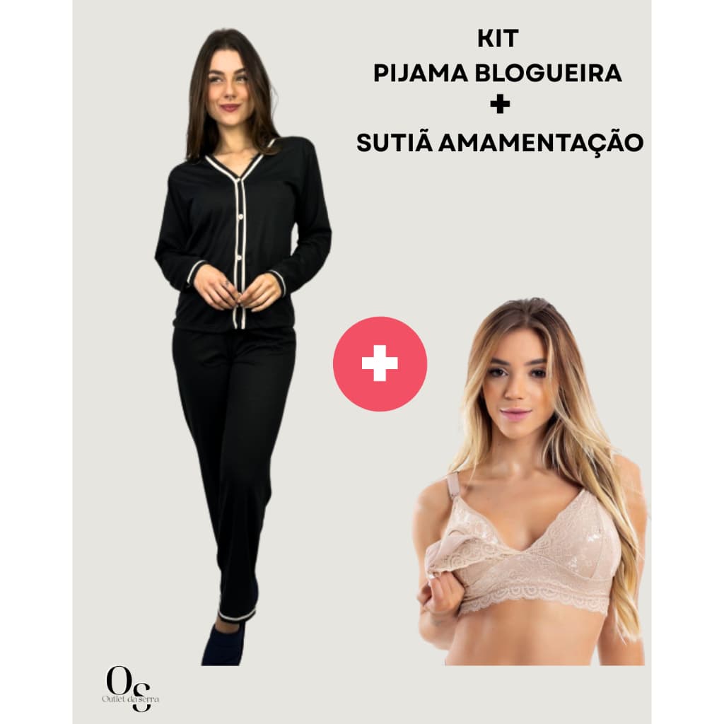 KIT Maternidade Pijama Longo Feminino Americano Amamentação Botões Virginia + Sutiã Amamentação Renda