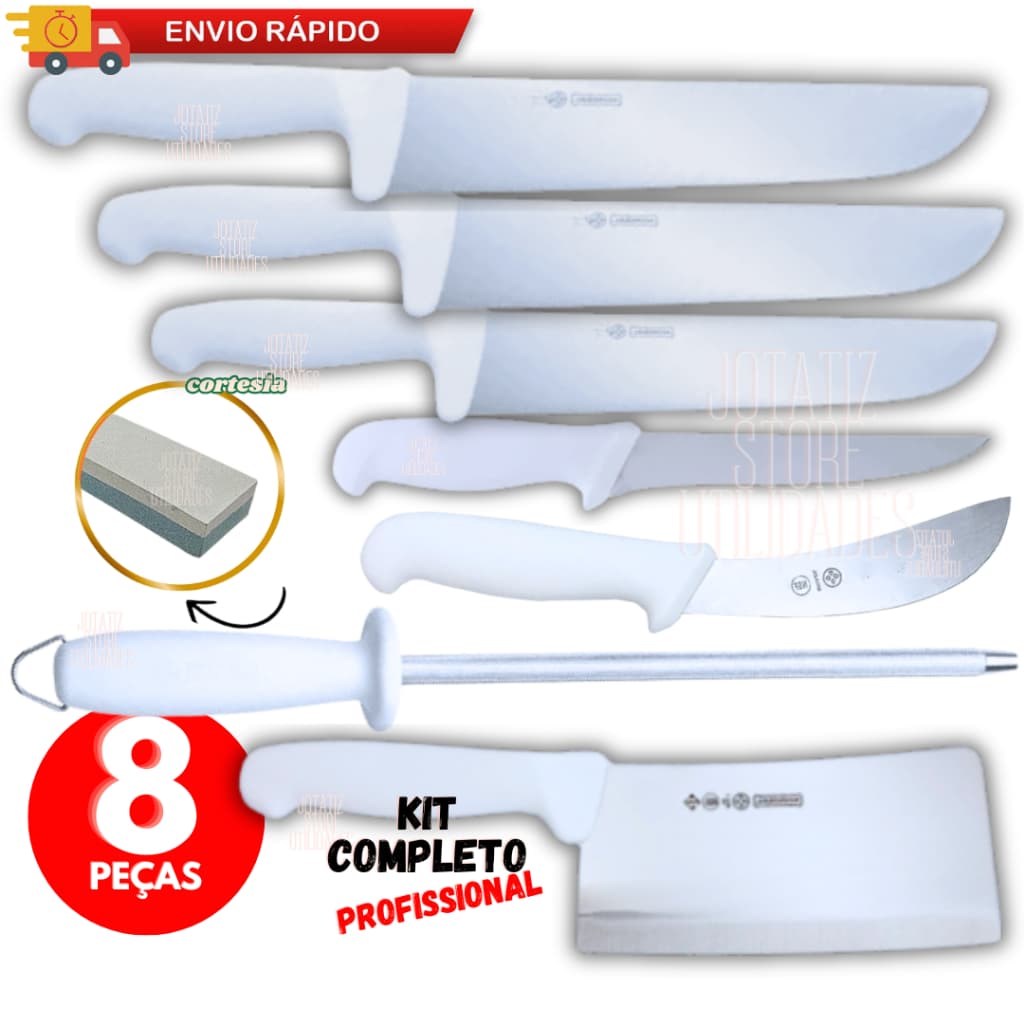 Facas Profissional 08/ 05/ 02 Kit Desossa Tira Couro Chaira Cutelo Pedra Afiar P/ Açougue Frigorífico Churrascaria
