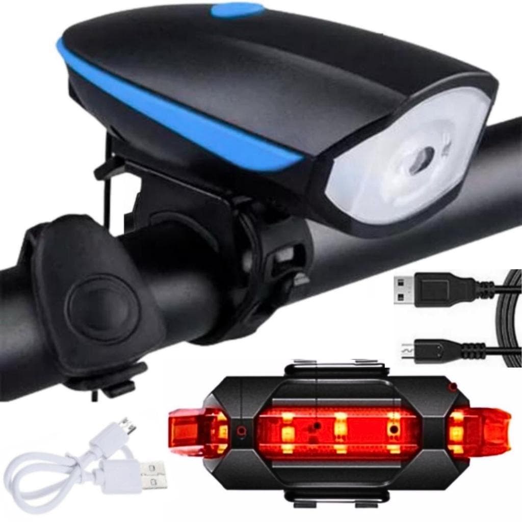 Farol Bike Bicicleta Led Buzina Recarregável USB Lanterninha Sinalizador Traseiro Resistente a Água