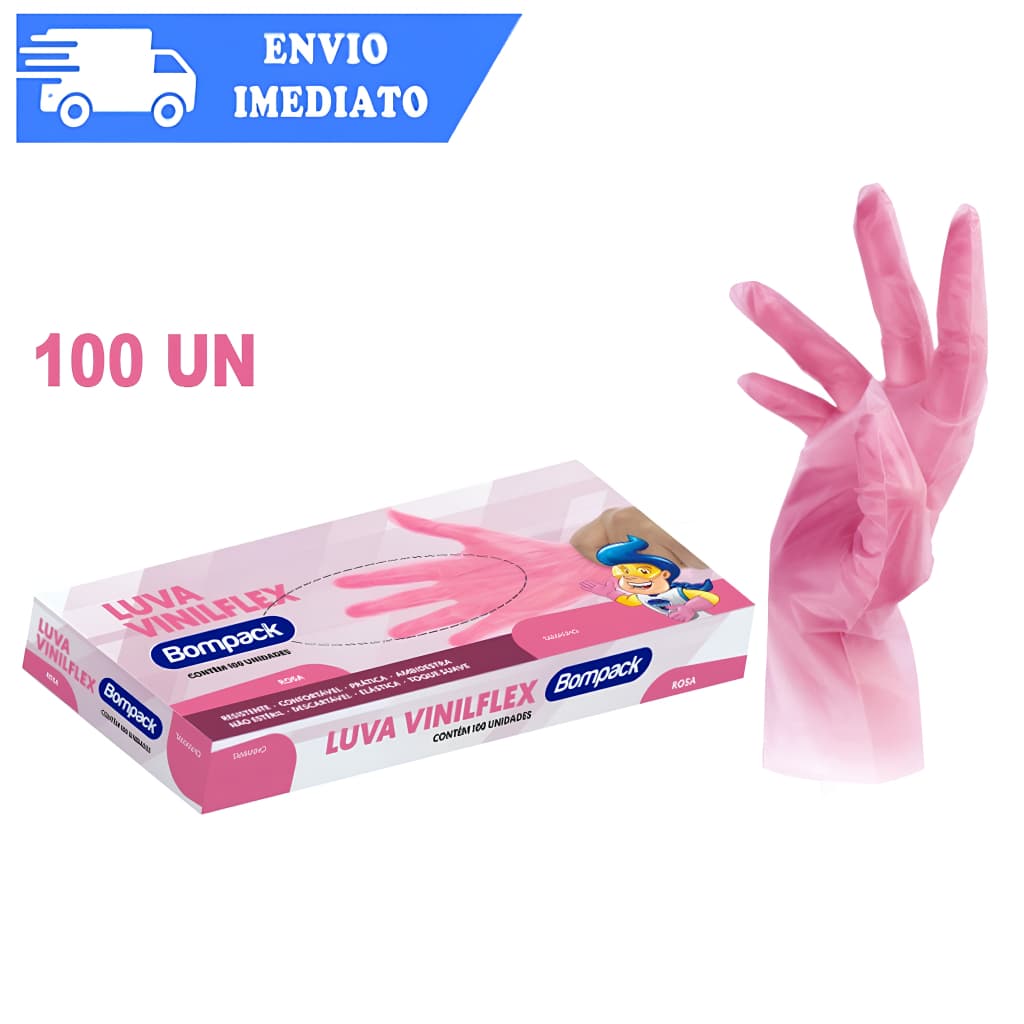 LUVA ROSA DESCARTÁVEIS VINILFLEX SEM PÓ BOMPACK - C/100
