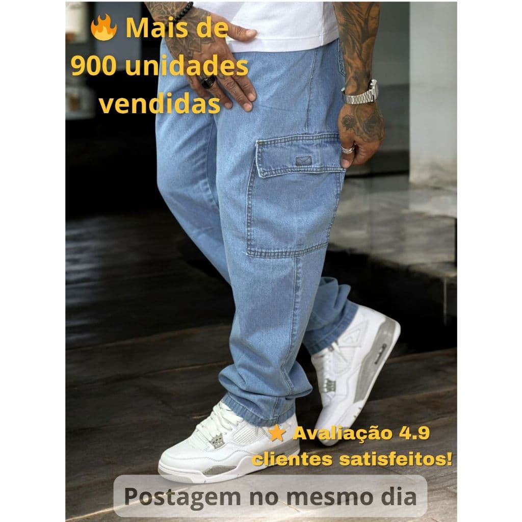 Calça Cargo Masculina Jeans Cos Elástico Cordão e Bolso Lateral Skatista Premium