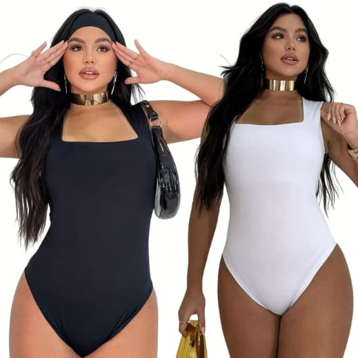 Kit 2 Body Feminino Decote Quadrado Alças Grossas Casual Elegante