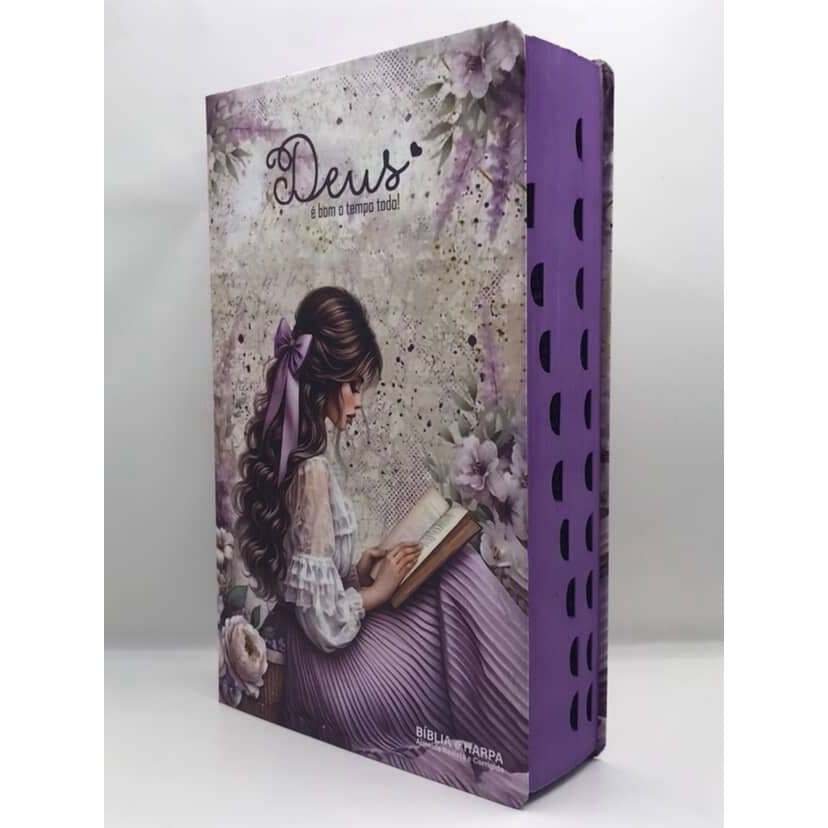 Bíblia Sagrada Tamanho Grande Capa Dura Com Harpa Palavras de Jesus em Vermelho Menina Laço Lilás