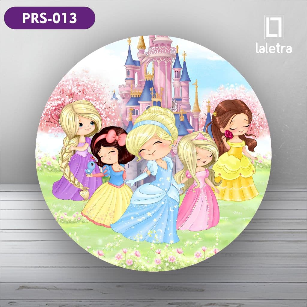 Capa Painel Redondo de Festa Veste Fácil Sublimados Tema princesas Decoração Exclusiva.