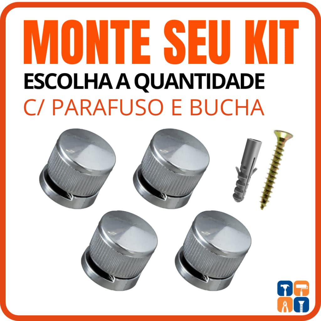 Suporte Espelho Botão Frances com Parafuso e Bucha 6 Kit Suporte Fixar Espelho Parede Vidro Cromado