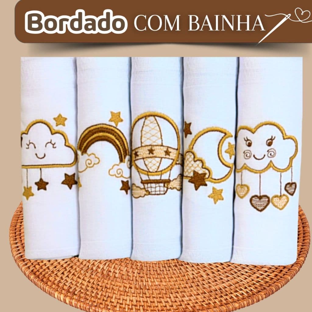 Fralda de Pano Bebê Bordada 5un 70x70cm Algodão Duplo Com Bainha RN