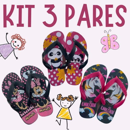 Kit 3 Pares de Chinelo Infantil Menina Números Combinados