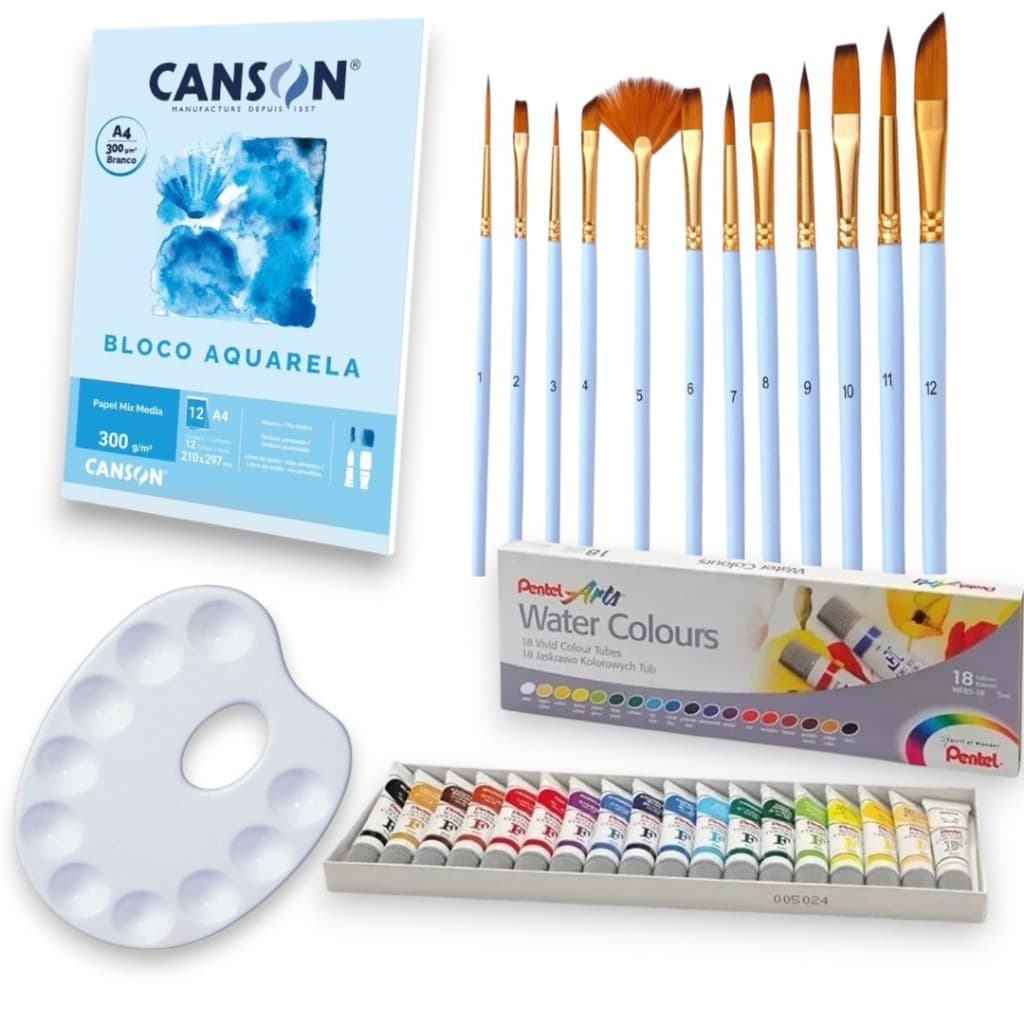 Kit Tinta Aquarela Pentel 18 cores jogo Pinceis  Bloco Papel Canson E Gode