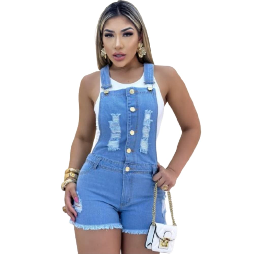 Jardineira jeans desfiada, azul escuro e Clara.