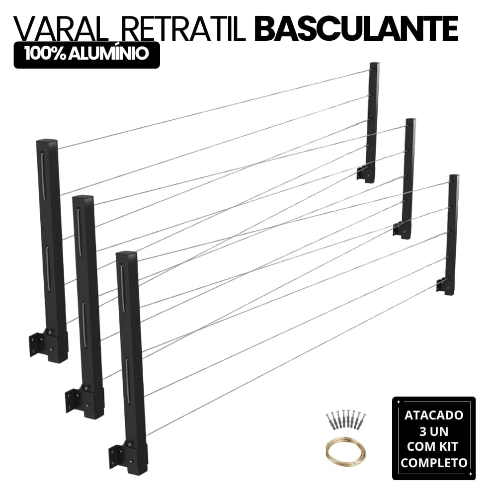 3 Varais Retrátil Dobrável De Parede 100% Alumínio Cabo De Aço Encapado Atacado Envio Imediato