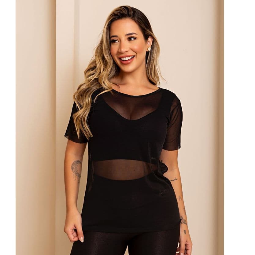 Blusa Feminina Transparente De Tule Manga Curta Camiseta Academia Treino Fitness Musculação