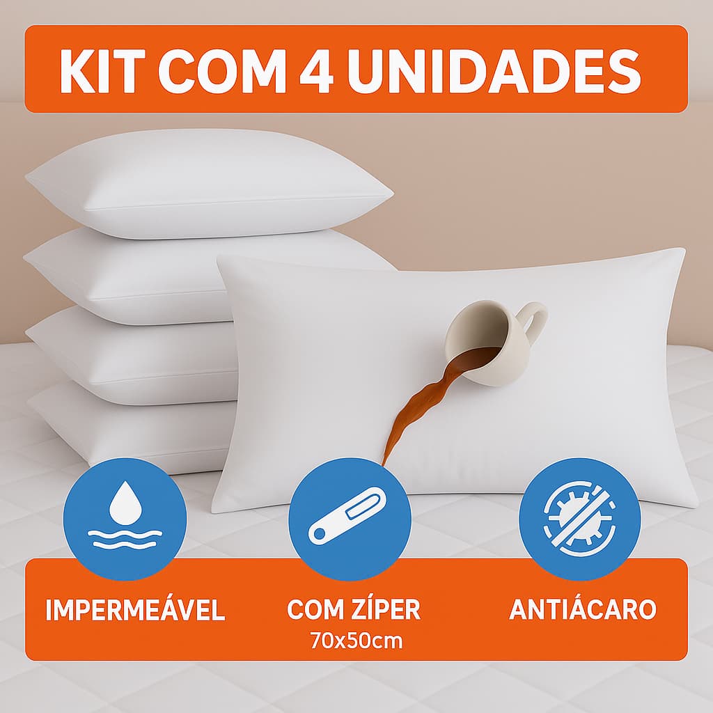 Kit 4 Capa Protetor 100% Impermeável Para Travesseiro 70x50cm